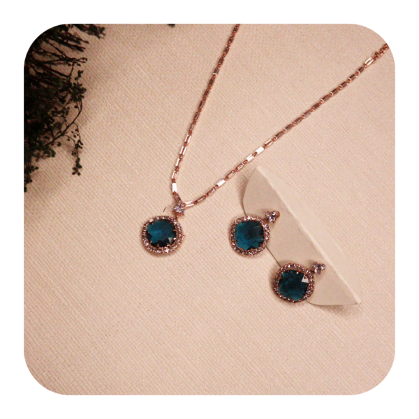 Rose Gold Blue Gemstone Necklace and Earrings Set for Women
