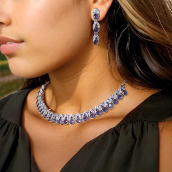 Elegant Teardrop and Purple Stone Design Necklace and Earring Set - Image 2