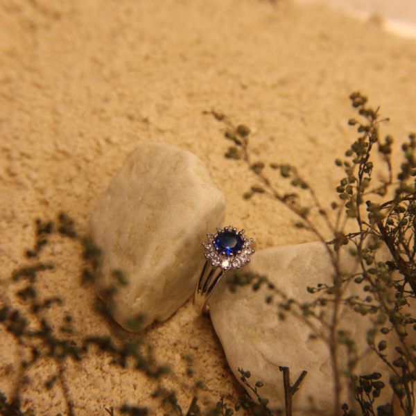 Elegant Sapphire and Artificial Diamond Halo Ring