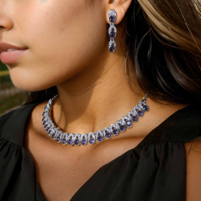 Elegant Crystal Purple Stone Necklace & Earring Set for Women - Image 2